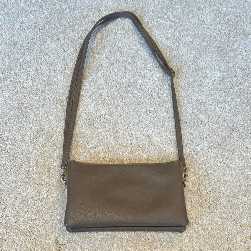 Brown Minimalist Leather Shoulder Bag with 2 Built-in Wallets